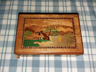 Vntge Japanese Secret Puzzle Box Inlaid Wood Antique Inlay Mt Fuji Trick 2 Sided