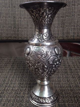 Antique 800 Silver Repousse Flower Vase H 7 3/4 "