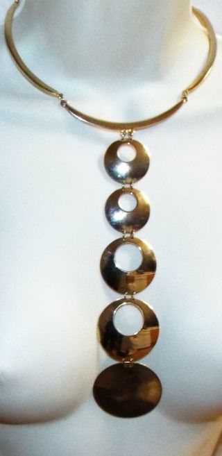 Vintage Signed Trifari Goldtone Space Age Dangling Disc And Ring Collar Necklace