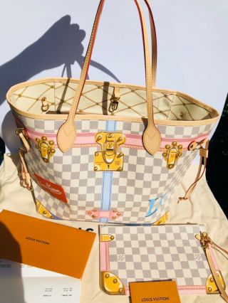 Auth Rare Louis Vuitton Summer Trunks Damier Azure Neverfull Handbag