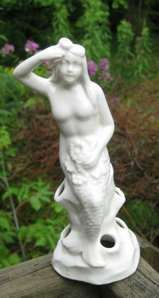 Vintage Porcelain Nude Mermaid Sitting On Rock With Flowers