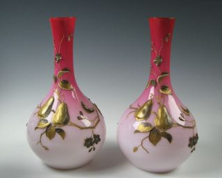 English Or Bohemian Antique Peachblow Art Glass Vases With Impasto Pears
