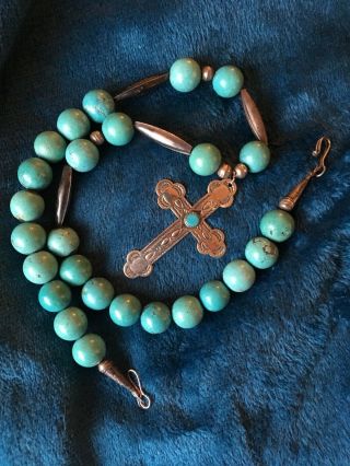 Vintage Bisbee Turquoise Sterling Bench Beads Bell Cross Pendant Signed Necklace
