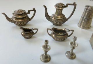 Antique/Vintage Silver Dollhouse Miniature Tea Service Candlesticks & Pill Box 2