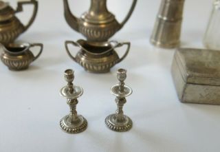 Antique/Vintage Silver Dollhouse Miniature Tea Service Candlesticks & Pill Box 3