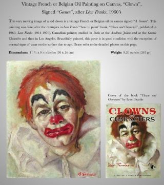 Vintage French Belgian Oil Painting on Canvas,  “Clown” Signed,  after Léon Franks 4