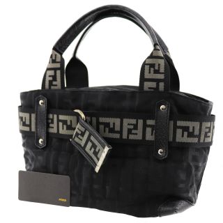 Fendi Zucca Tote Hand Bag Black Nylon Leather Vintage Italy Authentic U745 Z