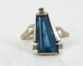 Vintage 10k White Gold Art Deco Blue And White Spinel Ring Size 7 Unusual Shape