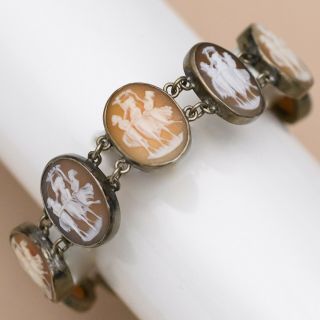 Antique Victorian 800 Silver Carved Shell Cameo The Three Graces Bracelet