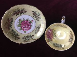 Vibrant Vintage Yellow Royal Halsey Very Fine China Pink Rose Tea Cup & Saucer 2