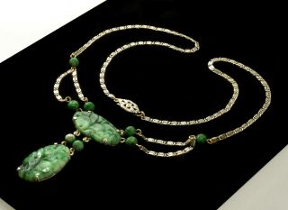 Art Deco Chinese Carved Jadeite Jade Sterling Swag Necklace