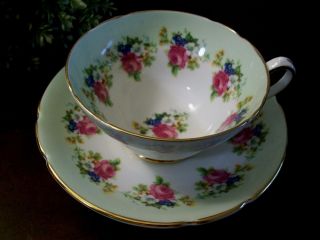 Vintage Stanley Tea Cup And Saucer Pale Green Gold Trim Roses England Numbered
