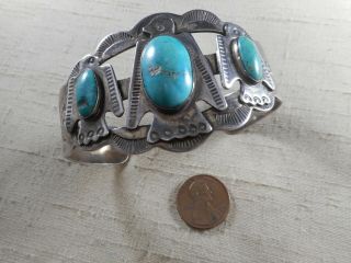 Fred Harvey Era 3 Stone Natural Turquoise Bracelet With Thunderbird Designs