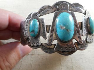 FRED HARVEY era 3 stone NATURAL turquoise bracelet with THUNDERBIRD designs 3