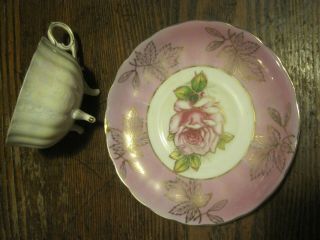 Vtg Royal Halsey Very Fine Pink Rose Footed Teacup Set Iridescent Mother Pearl