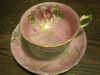 VTG Royal Halsey Very Fine Pink Rose Footed Teacup SET Iridescent Mother Pearl 2