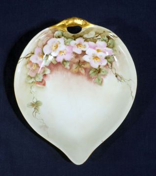 Vintage Antique Weimar Germany Hand Painted Leaf Dish Or Tray 7 - 1/8 " Rose Flower