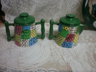 Vintage Colorful Country Patchwork Ceramic Hand Painted Sugar & Creamer Set