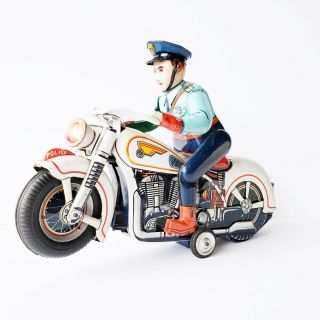 Vintage Tin Litho Police Motorcycle By Modern Toys Japan Battery Operated