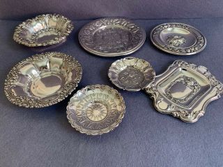 Seven Marked Spanish Sterling Silver 925 Small Centerpieces,  Trays,  Dish