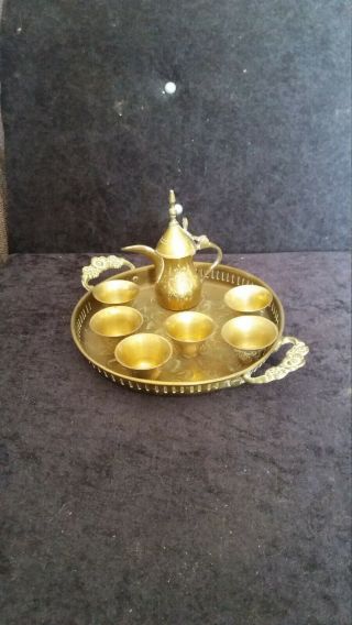 Perfect Little Vintage Turkish Islamic Dallah Tray And Six Cups