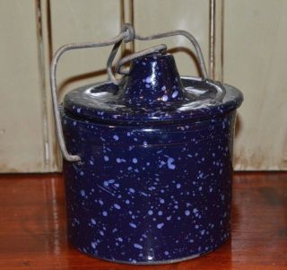 Vintage Dark Blue Speckled Stoneware Cheese Butter Crock W/ Wire Bale Lid