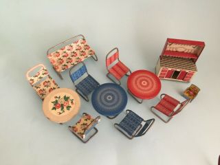 Old Tinplate Vintage Tin Toy Doll House Furniture Tables Chairs Dresser