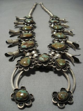 Opulent Vintage Navajo Royston Turquoise Sterling Silver Squash Blossom Necklace