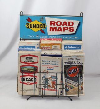 Vintage Sunoco Road Map Display Rack Advertising Service Station W/ 60,  Maps