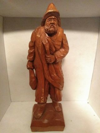 Vintage Wood Folk Art Statue Old Man Fisherman W/ Fish Wooden Carved Real Cool
