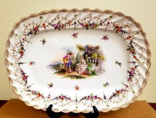 Antique Dresden Hand Painted Courting Couple Huge Tray