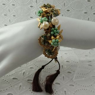 Vtg Early Unsigned Miriam Haskell Flower Coil Mesh Pearl Saks Fifth Ave Bracelet