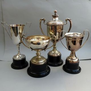 4 Large Vintage Silver Plated Trophy Cups 15 " Tallest 2 Engraved 1937 & 1969