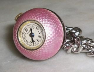 Antique France Pink Enameled Guilloche & Sterling Ball Watch Pendant Argent Dore