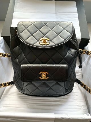 Chanel Vintage Black Quilted Chain Drawstring Backpack Bag Boxed 100 Auth
