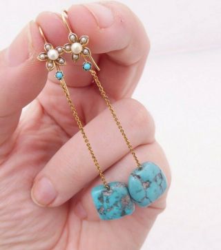 15ct Gold Natural Turquoise Seed Pearl Earrings,  Victorian Long Drop