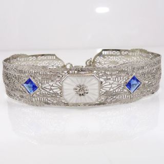 Vintage Antique Art Deco 10k White Gold Filigree Blue Sapphire Bracelet Ldl3