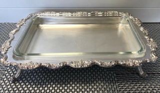 Vintage Poole Silver Plate Serving Tray W/ Feet & 3 Qt Glass Baking Dish 13 X 9”