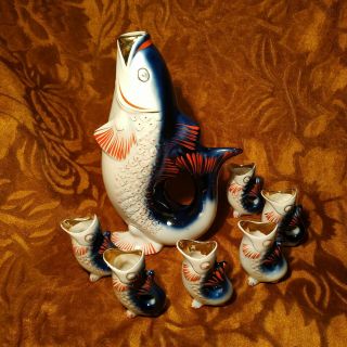 Vintage Soviet Porcelain Set Decanter And Glasses - Fish Ussr Dishes Jug