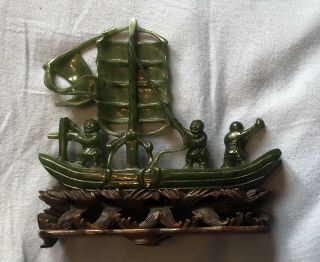 Antique Chinese Carved Spinach Green Jade Boat 19thC Jadeite & Stand 12