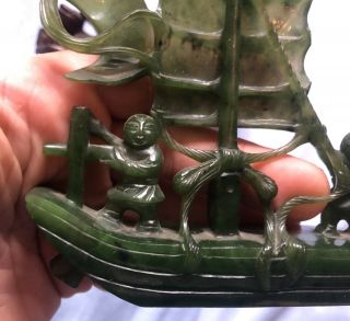 Antique Chinese Carved Spinach Green Jade Boat 19thC Jadeite & Stand 3