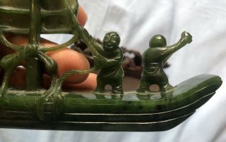 Antique Chinese Carved Spinach Green Jade Boat 19thC Jadeite & Stand 4
