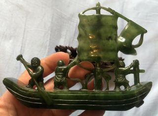 Antique Chinese Carved Spinach Green Jade Boat 19thC Jadeite & Stand 6
