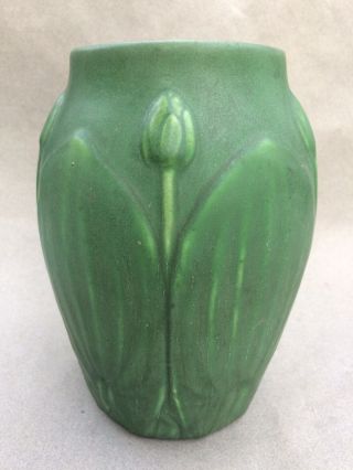Antique Hampshire Arts And Crafts Matt Green - leaf And Bud Pottery Vase 42 5