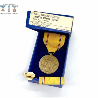 Wwii Us Army American Defense Medal Ribbon Bar Lapel Medallic Art Box 12/3/1945