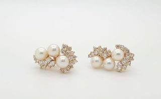 Estate Vintage 1.  70 Ct 14k Yellow Gold Round Diamond & Pearl Cluster Earrings Vs