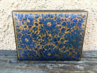 Vintage Lacquered Papier Mache Wood Kashmiri India Dark Blue & Gold Trinket Box