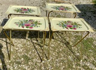 Set 4 Vtg Mid Century Retro Mcm 1950s Floral Roses Metal Tv Trays Tables Stand