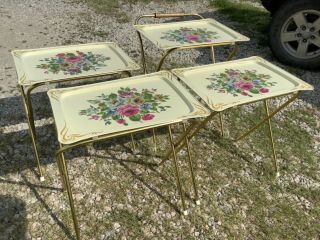 Set 4 Vtg mid century retro mcm 1950s Floral Roses Metal TV Trays Tables stand 2