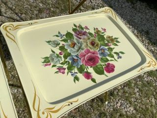 Set 4 Vtg mid century retro mcm 1950s Floral Roses Metal TV Trays Tables stand 3